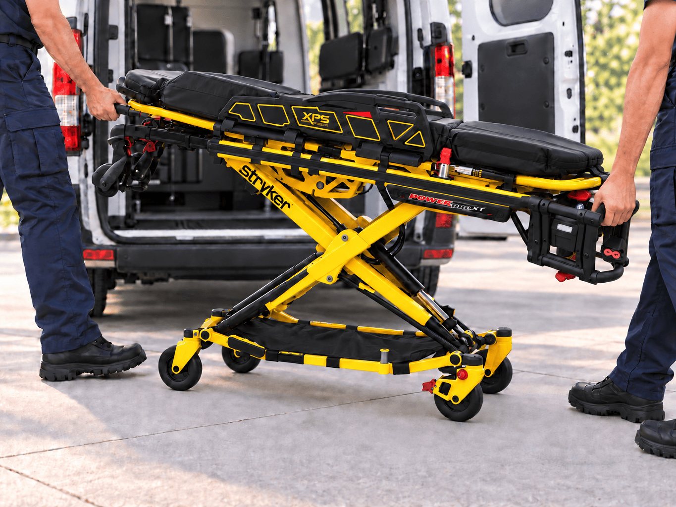 Two team members guide a stretcher toward an open transport van